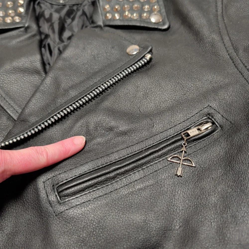 Reclaimed Vintage Studded Leather Biker Jacket Womens L Black Star Crossed Moto - Picture 6 of 11